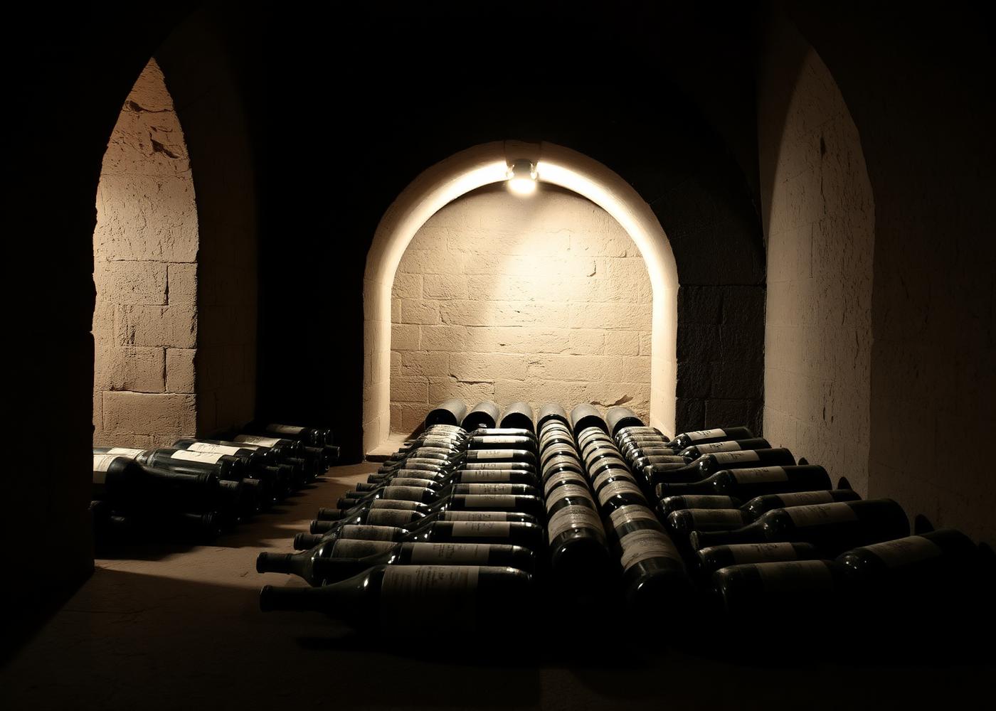 Bottles resting in a stone cellar
