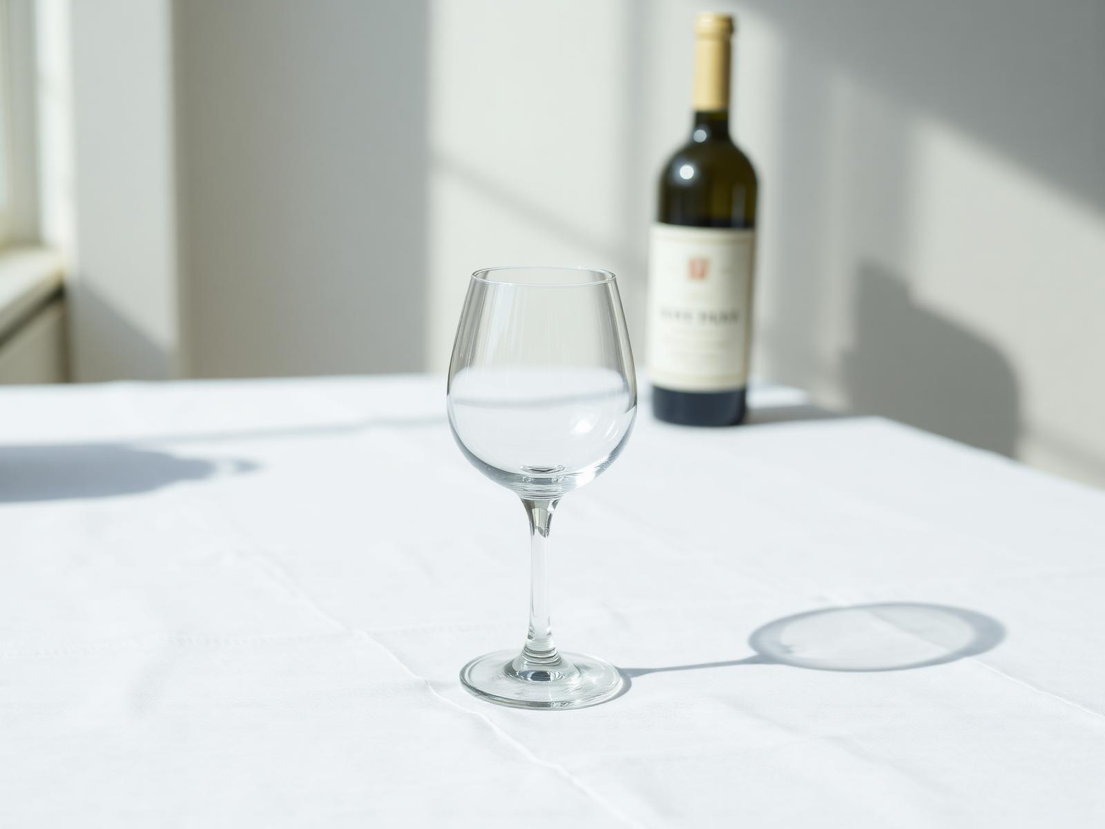 An empty wine glass and bottle on white linen